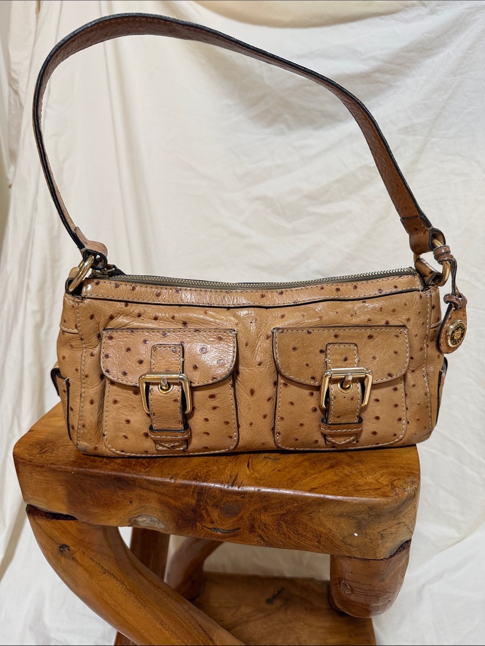 Vintage Y2K Dooney & Bourke Ostrich Print Leather Shoulder Bag Camel Gold HW